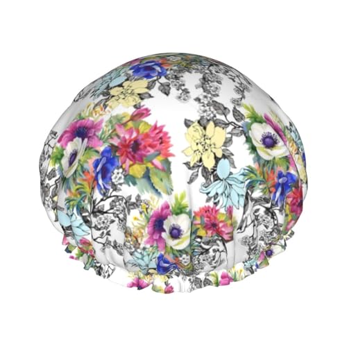 Flowers Birds Leaves Branches Print Shower Cap for Women Waterproof - Reusable | Hair Cap for Bathing | Double Layer Hat von Peiyeety