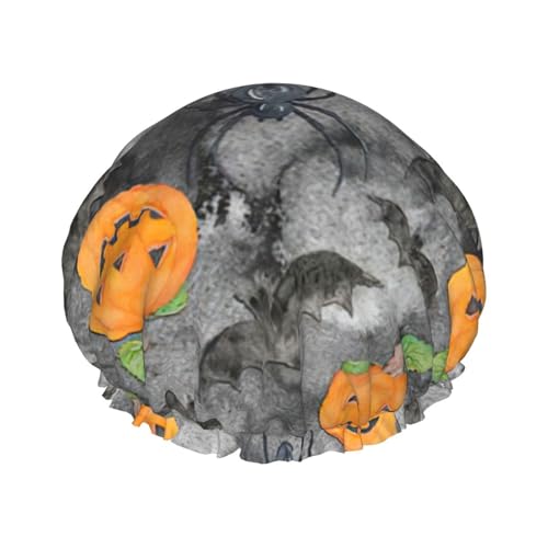 Halloween Grey Bat Spider Pumpkin Print Soft Shower Cap for Women, Reusable Environmental Protection Hair Bath Caps von Peiyeety