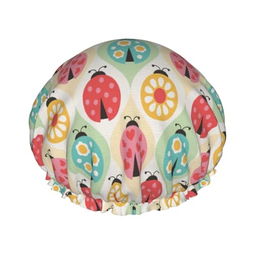 Ladybugs Cartoon Pattern Print Shower Cap for Women Waterproof - Reusable | Hair Cap for Bathing | Double Layer Hat von Peiyeety