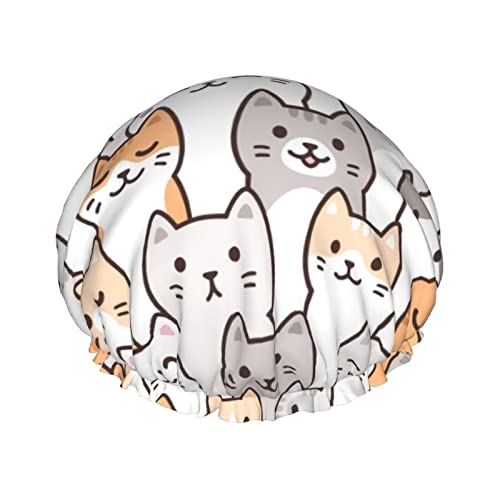 Niedliche Cartoon-Doodle-Katzen-Duschhaube für Damen, verstellbar, doppelt wasserdicht, Bade-Duschhut, Haarschutz, wiederverwendbar, Damen-Spa-Salon-Duschhut von Peiyeety