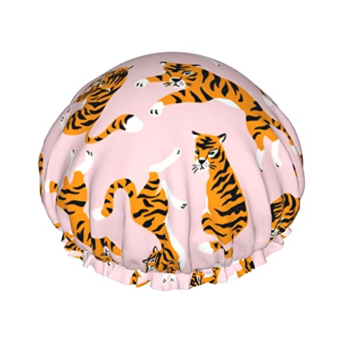 Niedliche Tiger-Rosa-Duschhaube für Damen, verstellbar, doppelt wasserdicht, Bade-Duschhut, Haarschutz, wiederverwendbar, Damen-Spa-Salon-Duschhut von Peiyeety