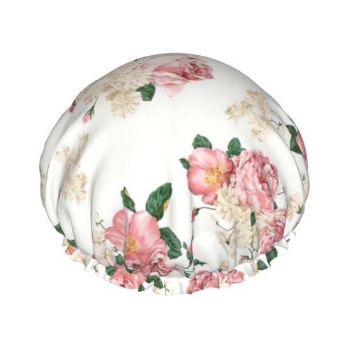 Pink Rose Flower with Leaves Print Soft Shower Cap for Women, Reusable Environmental Protection Hair Bath Caps von Peiyeety