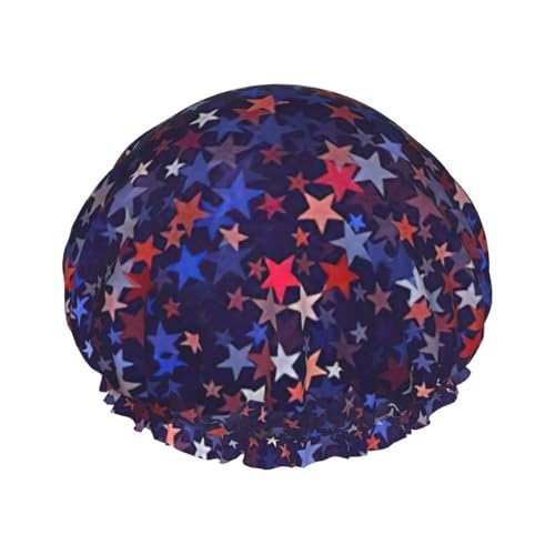 Red Blue Stars American Print Shower CapSoft,Reusable, Double WaterproofBath Hat Women,Breathable, von Peiyeety