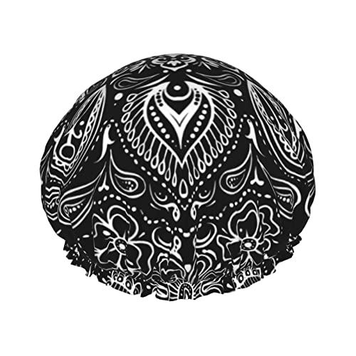 Schwarz-weiße Paisley-Duschhaube für Damen, verstellbar, doppelt wasserdicht, Bade-Duschhut, Haarschutz, wiederverwendbar, Damen-Spa-Salon-Duschhut von Peiyeety