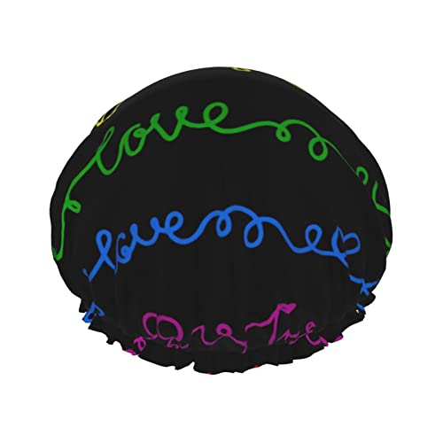 Schwarze Duschhaube mit Regenbogen-Liebesherzen für Damen, verstellbar, doppelt wasserdicht, Bade-Duschhut, Haarschutz, wiederverwendbar, Damen-Spa-Salon-Duschhut von Peiyeety