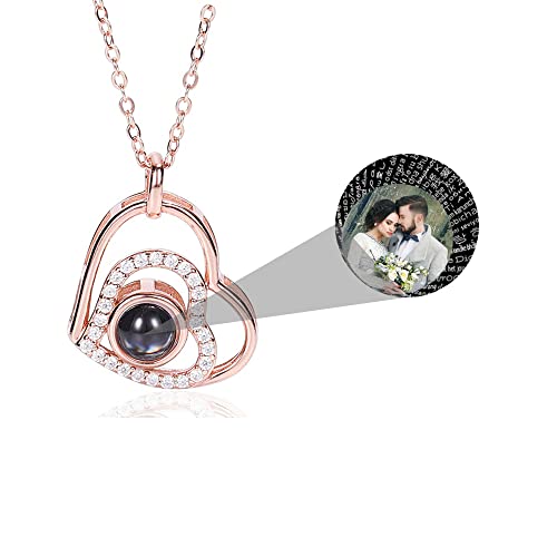 Ich liebe dich Halskette 100 Sprachen personalisierte Foto Halskette Bild Projektion Kette Herz Foto Halskette mit Bild im Stein 925 Sterling Silber Rose Gold Liebe Anhänger Schmuck Geschenk von Pekdi