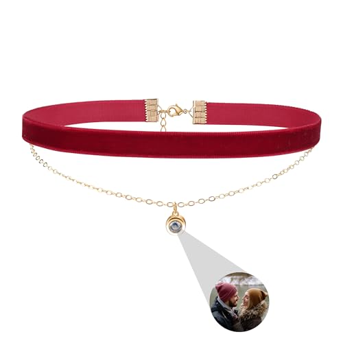 Personalisierte Foto Halskette Projektion Kette mit Bild Rot Schwarz Samt Choker Halskette für Frauen geschichtet Samt Kette Kragen Halskette Vintage Schmuck Geschenk Valentinstag Geburtstag Geschenke von Pekdi