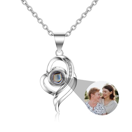 Personalisierte Foto Halskette Projektion Kette mit Bild im Stein, Projektionskette mit Foto 925 Silber Herz Anhänger Ich liebe dich Schmuck Geschenke für Freundin Mutter Ehefrau von Pekdi