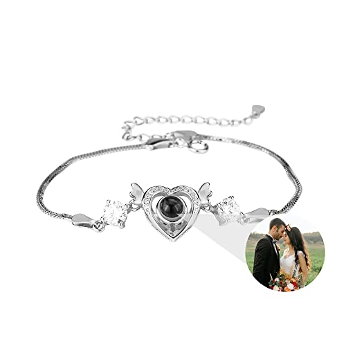 Personalisierte Foto Projektion Armband Herz Foto Armband Engel Flügel Projektion Armbänder mit Bild Ich liebe Sie Armband 100 Sprachen 925 Sterling Silber Rose Gold Memorial Liebe Schmuck Geschenk von Pekdi