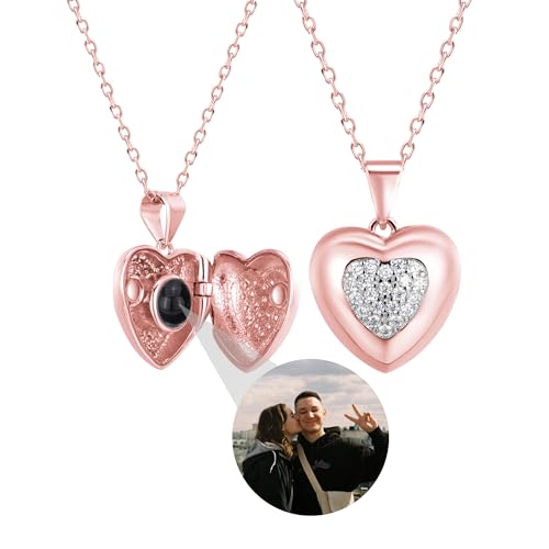 Personalisierte Herz Medaillon Halskette mit Bild, Herz Foto Halskette, Projektion Kette mit Bild, 925 Sterling Silber Herz Anhänger Valentinstag Muttertag Schmuck Geschenk für Freundin Frau von Pekdi