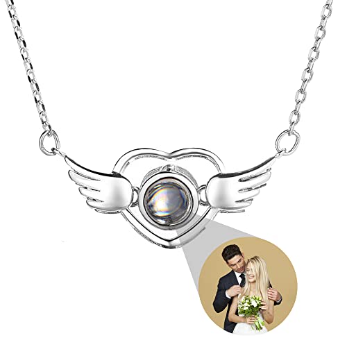 Personalisierte Projektionskette mit Foto Engelsflügel Halskette mit bild 925 Sterling Silber Ich liebe dich Halskette 100 Sprachen Liebe Herz Anhänger Projektion Kette Erinnerung Schmuck Geschenk von Pekdi