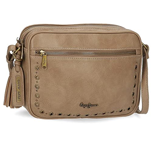 Pepe Jeans Camper Umhängetasche mit Zwei Fächern Beige 24 x 16 x 9 cm Kunstleder, Beige, Umhängetasche mit Zwei Fächern von Pepe Jeans