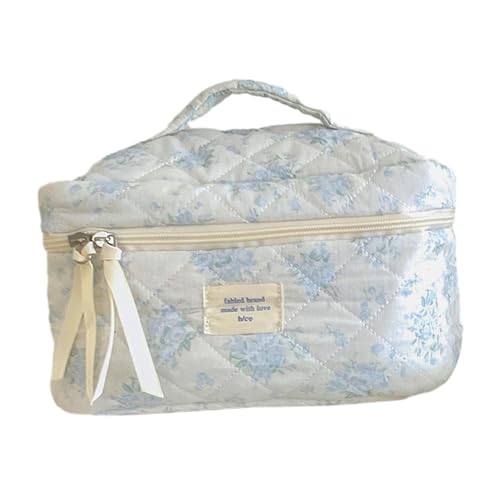 Perfeclan Gesteppte Reise-Make-up-Tasche für Frauen, Kosmetiktasche aus Baumwolle mit Blumenmuster, ästhetische Kulturtasche mit Blumenmuster, Blau von Perfeclan