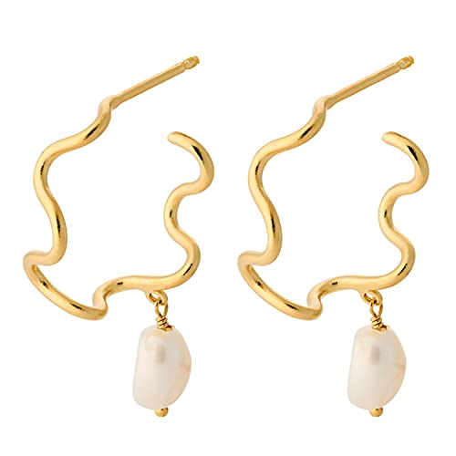 Pernille Corydon Creolen Damen Gold Small Bay Earrings/Creol Ohrringe Gold geschwungen mit Süsswasserperle - 30mm - E015g von Pernille Corydon