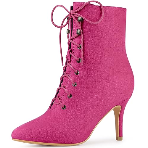 Perphy Spitze Zehen-Reißverschluss-Schnürstiefel mit Stiletto-Absatz für Damen Pink 36 von Perphy