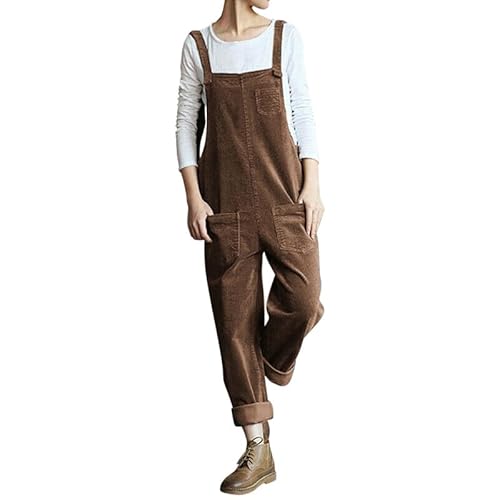 Petalum Cord Latzhose Damen lang Baumwolle Retro Einteiler Cord ärmellos Jumpsuits mit Taschen Herbst Winter Loose Fit Baggy Overalls Spielanzug Bib Pants 3XL Kaffee von Petalum