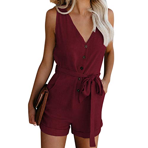 Petalum Damen Jumpsuit Ärmellos High Waist Kurz Overall elegant Hosenanzug Frauen Blumen Drucken Playsuit Sommer Strand Beachwear Romper Elegant Schulterfrei Knöpfe (46, Weinrot, Numeric_46) von Petalum