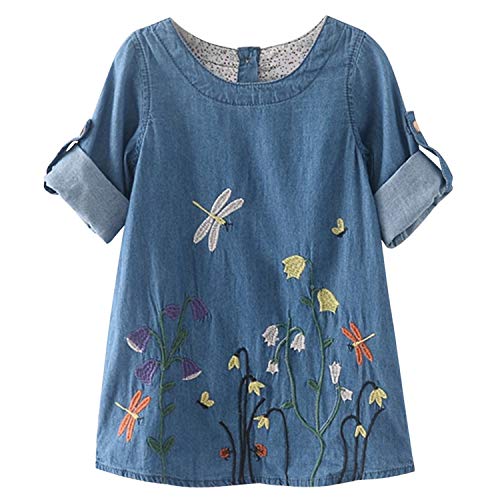 Petalum Mädchen Kleider Festlich Prinzessin Kurzarm Kinder Denim Kleid Rundhals Blumen Stickerei A-Linien Knielang Hinten Knopfverschluss 130 Denimblau von Petalum