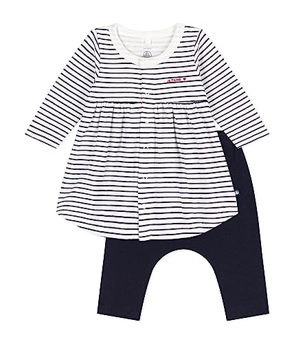 Petit Bateau Baby Mädchen Langarmkleid und Leggings, Weiss Marshmallow / Blau Smoking, 3 Monate von Petit Bateau