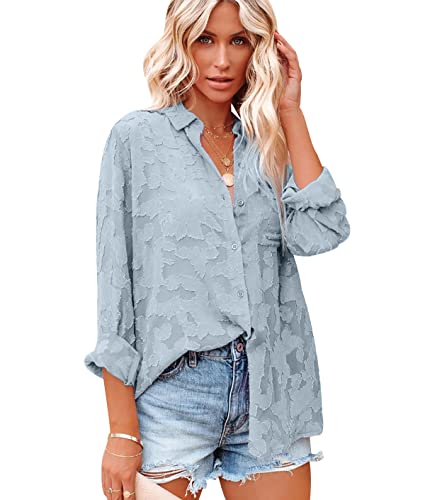 Chiffon Bluse V Ausschnitt Damen Festliche Blusen Damen Hemdbluse Blusenshirt Bluse Spitze Damen Langarm Elegant Sommerbluse Oversize Hemd Übergröße Frauen Große Größen Tunika Damen Lässige Azul XL von Peuignao