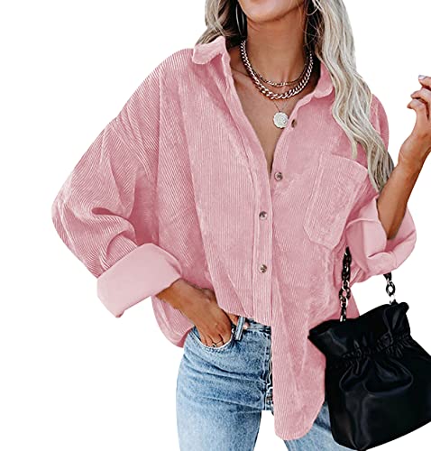 Cord Hemd Damen Oversize Hemd Übergröße Damen Langarm Elegant Oversized Cord-Hemd Damen Hemd Women Vintage Hemd Bluse Frauen Frühling Casual Lässiges Blusen Hemd Kord Locker Lässig Damen Rosa M von Peuignao