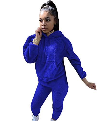 Flies Hausanzug Damen Fleece Loungewear Damen Set Freizeitanzug Homewear Lounge Anzug Damen Freizeitanzüge Flauschige Plüsch Hausanzug Zweiteiler Jumpsuit Frauen Hausanzüge Trainingsanzug Blau S von Peuignao