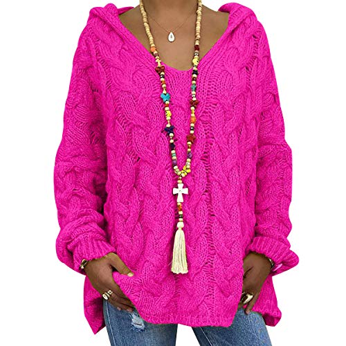 Grobstrickpullover Damen Grober Strickpullover Damen Oversize Stricken Pullover Strick Damen Zopfstrick Zopfmuster Strickpulli Damen Hoody Pullover Hoodie Damen Pullis Frauen Kapuzenpullover Rosa XL von Peuignao