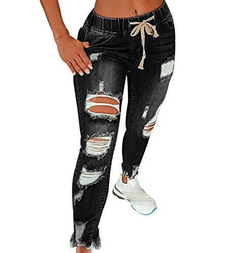 High Waist Ripped Jeans Damen Jeanshosen Damen Löcher Skinny Jeans Hose Damen Zerrissene Denim Jeans Relaxed Damen Stretch Slim Fit Gerissene Kaputte Hose Jeans Leggings Frauen Große Größe Schwarz M von Peuignao