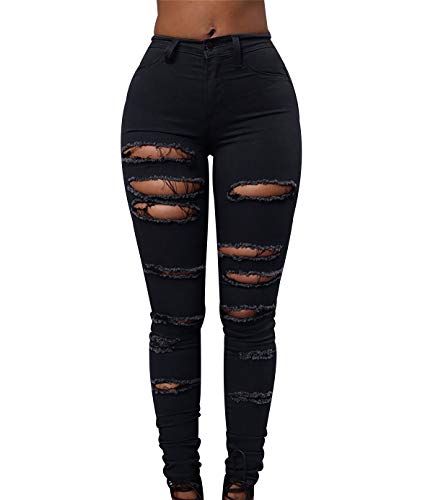 High Waist Ripped Jeans Damen Jeanshosen Damen Löcher Skinny Jeans Hose Damen Zerrissene Destroyed Denim Jeans Relaxed Damen Stretch Enge Slim Fit Gerissene Jeans Leggings Zerrissen Frauen Schwarz S von Peuignao