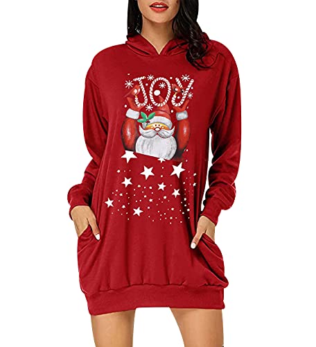 Hoodie Kleid Damen Weihnachts Oversize Long Kapuzen Sweatshirt Kleider Damen Weihnachten Hoodies für Damen Langer Christmas Pullover Hoodys Frauen Hoody Damen Mit Kapuze Kapuzenpullover Rot 3XL von Peuignao