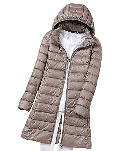 Leichte Daunenjacke Damen Lang Leicht Puffer Jacke Steppjacke Damen Übergangsjacke Dünne Daunenmantel Damen Puffer Mantel Leichter Steppmantel Winter Down Jacket Daunen Pufferjacke Kaputze Khaki 4XL von Peuignao