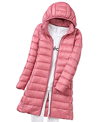 Leichte Daunenjacke Damen Lang Leicht Puffer Jacke Steppjacke Damen Übergangsjacke Dünne Daunenmantel Damen Puffer Mantel Leichter Steppmantel Winter Down Jacket Daunen Pufferjacke Kaputze Rosa XL von Peuignao