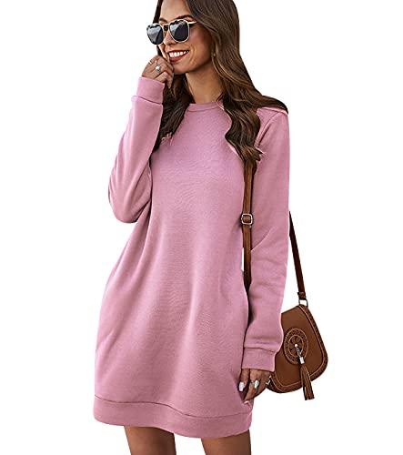 Long Sweatshirt Kleid Damen Overzised Langer Pullover Damen Lang Pulli Kleider Oversize Pullover Frauen Basic Lässiger Kuschel Sweat Pullis Süße Crewneck Sweatshirts für Damen Casual Lockerer Rosa L von Peuignao