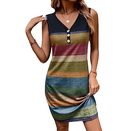 Sommerkleid Damen Kurz Gestreift Casual Kleider Frauen Sommerkleider Boho Kurzes Tunika T Shirt Tshirt Kleid V Ausschnitt Ärmellos Damen Sommer Strandkleid Minikleid Strandkleider Damen Sommer Bunt M von Peuignao