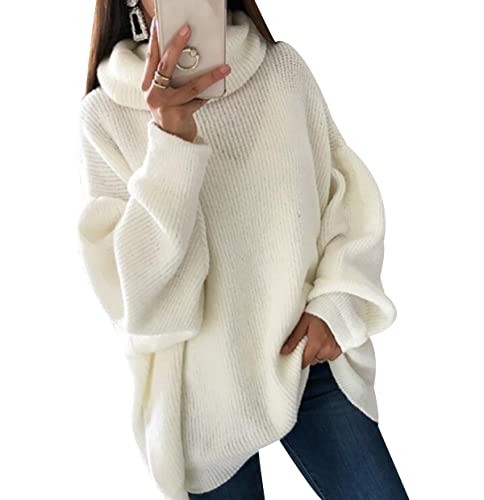 Strickpullover Damen Oversize Turtleneck Pullover Damen Strick Knit Sweater Pulli Süße Overzised Zopfstrick Pullover Frauen Strickpulli Rippstrick Gestrickter Kuschel Knitted Pullover Damen Weiß M von Peuignao