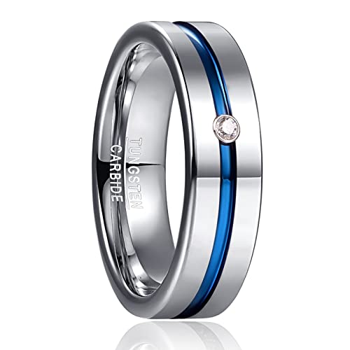 Phyonio Herren Ringe mit Blau Groove Center 6mm Silber Wolfram Ringe fur Damen mit Zirkon Inlay Größe 55(17,5) von Phyonio