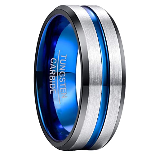 Phyonio Herren/Damen Silber Gebürstetem Ring 8mm Eheringe Trauringe Hochzeitsringe Verlobungsringe Unisex Wolfram Ring mit Blau Groove Größe 63(20,1) von Phyonio