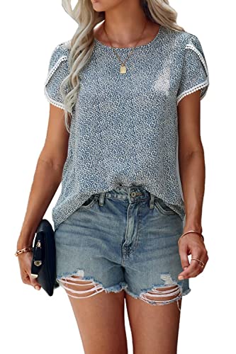 Tshirt Damen Sommer T Shirt Sexy Lose Oberteil Damen Kurzarm Slim T-Shirt Damen Rundhalsausschnitt Gedruckte Bündchenspitze Häkeln Top Damen (L, Blau) von Physport