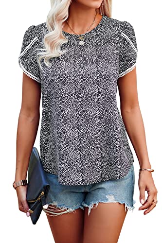 Tshirt Damen Sommer T Shirt Sexy Lose Oberteil Damen Kurzarm Slim T-Shirt Damen Rundhalsausschnitt Gedruckte Bündchenspitze Häkeln Top Damen (L, Dunkelschwarz) von Physport