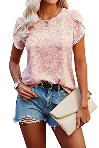 Tshirt Damen Sommer T Shirt Sexy Lose Oberteil Damen Kurzarm Slim T-Shirt Damen Rundhalsausschnitt Gedruckte Bündchenspitze Häkeln Top Damen (L, Rosa) von Physport