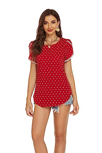 Tshirt Damen Sommer T Shirt Sexy Lose Oberteil Damen Kurzarm Slim T-Shirt Damen Rundhalsausschnitt Gedruckte Bündchenspitze Häkeln Top Damen (M, Rot) von Physport