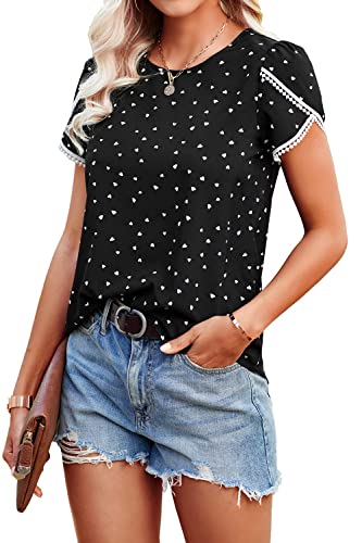 Tshirt Damen Sommer T Shirt Sexy Lose Oberteil Damen Kurzarm Slim T-Shirt Damen Rundhalsausschnitt Gedruckte Bündchenspitze Häkeln Top Damen (XL, Schwarz) von Physport