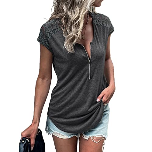 Tshirt Damen Sommer V Ausschnitt T Shirt Sexy Oberteil Damen Kurzarm T-Shirt Damen Einfarbig Reißverschluss Schulterkragen getäfelte Spitze Top Damen von Physport