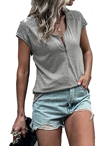 Tshirt Damen Sommer V Ausschnitt T Shirt Sexy Oberteil Damen Kurzarm T-Shirt Damen Einfarbig Reißverschluss Schulterkragen getäfelte Spitze Top Damen von Physport