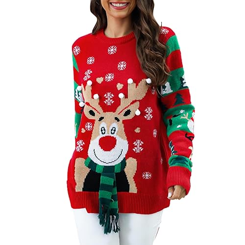 Christmas Sweater Damen Drucken XXL Weihnachten Baumwolle Rot Weihnachtspullover Weihnachts Pulli Rundhals Strick Rentier Strickpullover Oversize Ugly 3XL Lustig Weihnachtsoutfit Weihnachtspulli von Pianshanzi