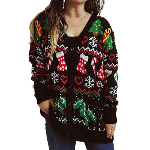 Ugly Christmas Sweater Damen, XXL Baumwolle Rundhals Weihnachtspullover Lustig 3XL Oversize Weihnachtsmann Drucken Lang Strickpullover Pullover Rot Rentier Strick Weihnachtsoutfit Weihnachtspulli von Pianshanzi