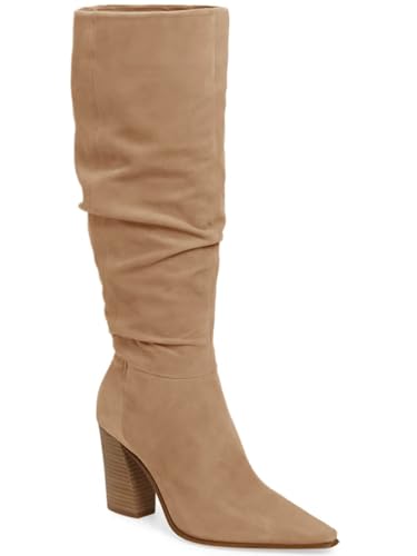 PiePieBuy Kniehohe Damen-Stiefel aus Wildlederimitat, breite Wade, spitze Zehenpartie, hoher klobiger Absatz, seitlicher Reißverschluss, khaki, 43 EU von PiePieBuy