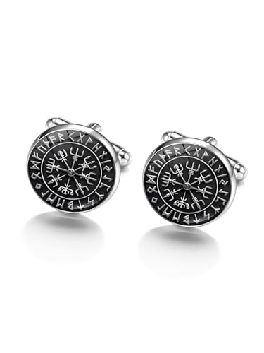 PiercingJak Herren Manschettenknöpfe mit Wikinger Vegvisir 1 Paar Metall Manschettenknöpfe Männer Hemden Cufflinks Retro Nordischer Schmuck für Hochzeit Bräutigam Jubiläum, Silber von PiercingJak