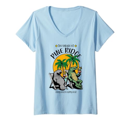 Damen The Village of Pine Ridge TV Seekuh Alligator-Design T-Shirt mit V-Ausschnitt Damen The Village of Pine Ridge TV Seekuh Alligator-Design T-Shirt mit V-Ausschnitt von Pine Ridge TV FL USA Designs and Souvenirs