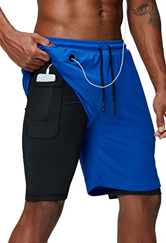 Pinkbomb 2-in-1-Laufshorts für Herren, für Fitnessstudio, Workout, schnell trocknend, mit Handytasche, blau, Groß von Pinkbomb